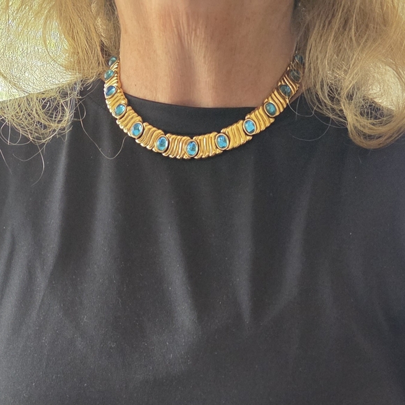 Monet Gold and Blue Necklace with Tribal Design - Picture 3 of 8